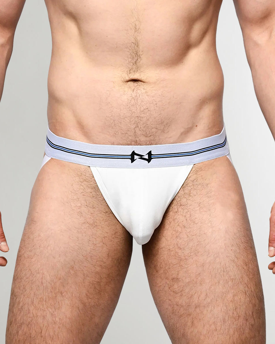 Nero New York Jockstrap White — men's bamboo-cotton athletic jockstrap with contoured pouch, front view