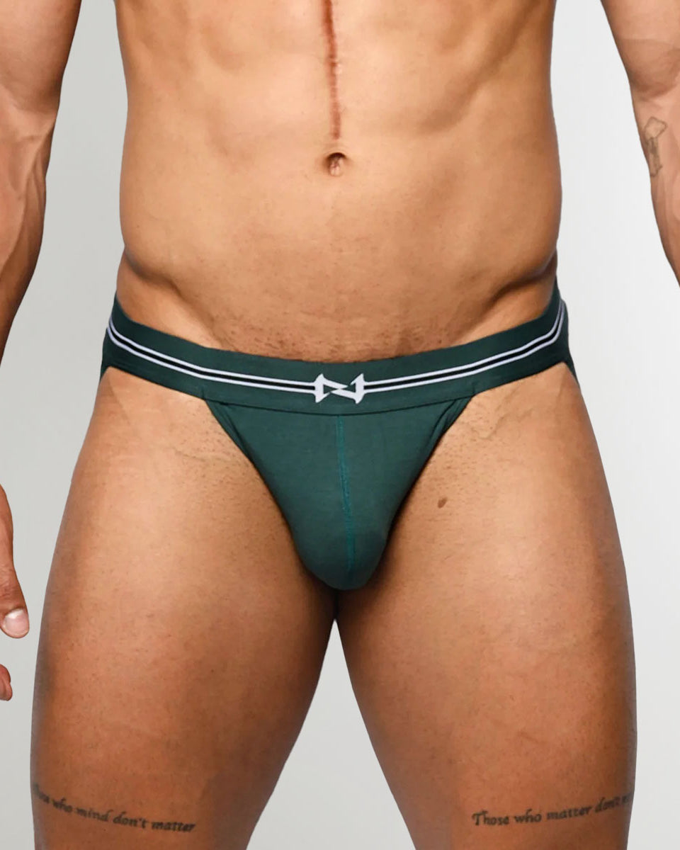 Nero New York Jockstrap Viridian Green — men's bamboo-cotton athletic jockstrap with contoured pouch, front view