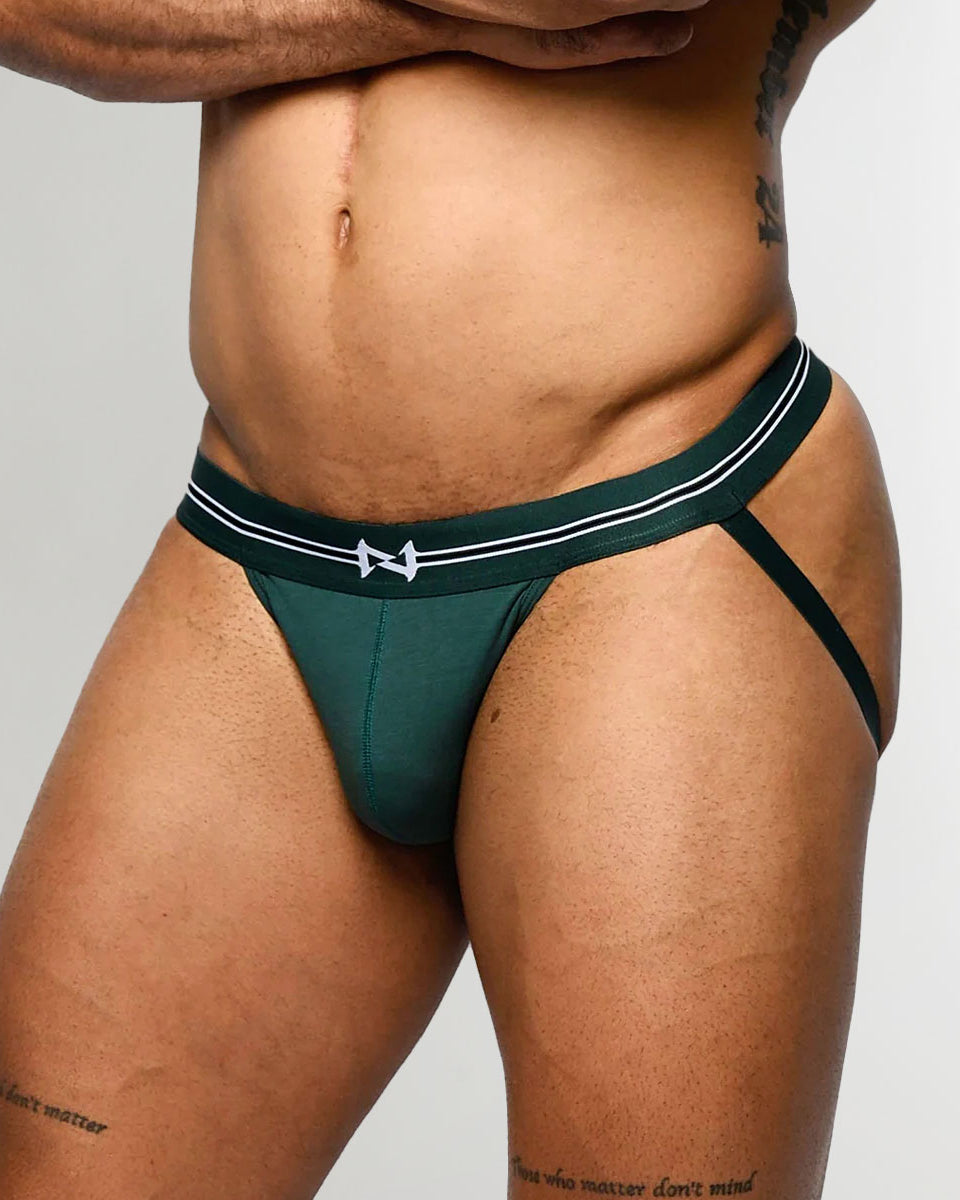 Nero New York Jockstrap Viridian Green — men's open-back jockstrap with Nero logo waistband, back view