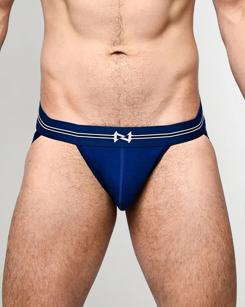 Nero New York Jockstrap Cerulean — men's bamboo-cotton athletic jockstrap with contoured pouch, front view