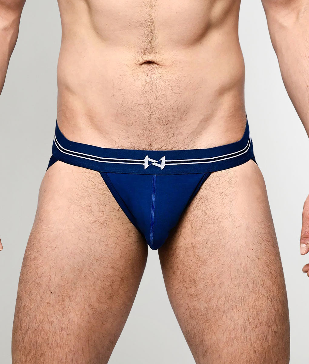 Nero New York Jockstrap Cerulean — men's bamboo-cotton athletic jockstrap with contoured pouch, front view