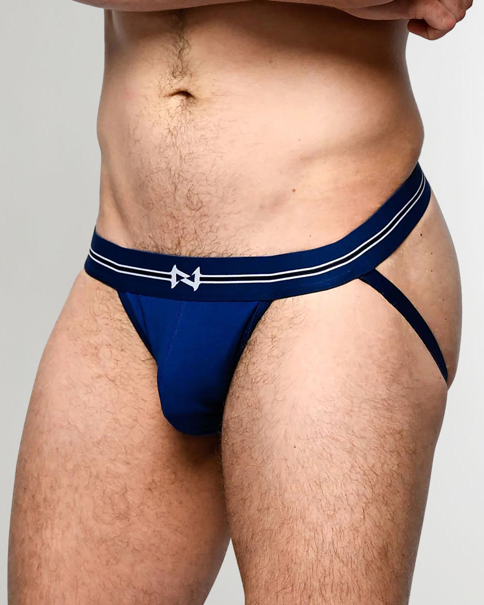 Nero New York Jockstrap Cerulean — men's bamboo-cotton athletic jockstrap, side view