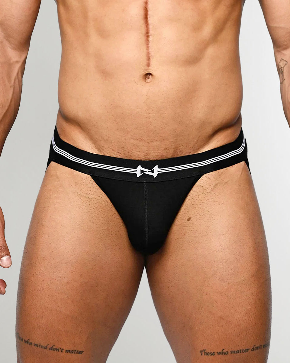Nero New York Jockstrap Black — men's bamboo-cotton athletic jockstrap with contoured pouch, front view