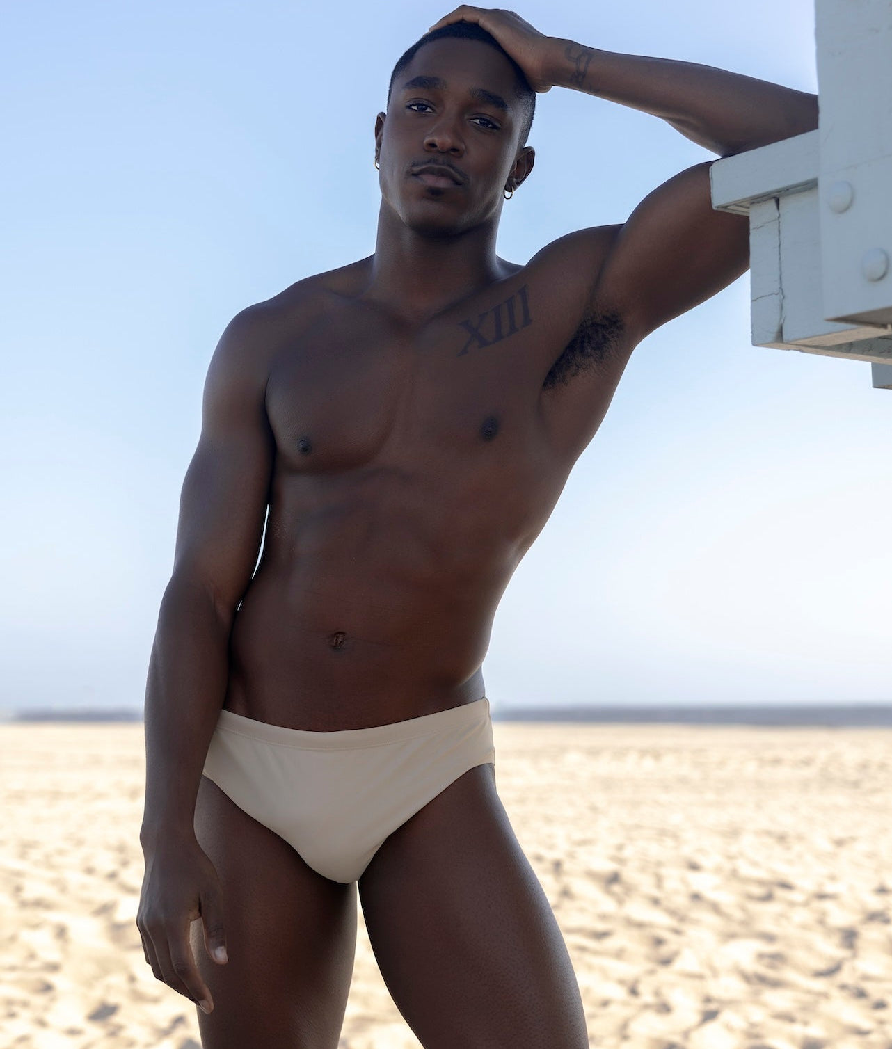 Sean & Val Classic Brief Ecru — men's swim brief, model 3/4 front view