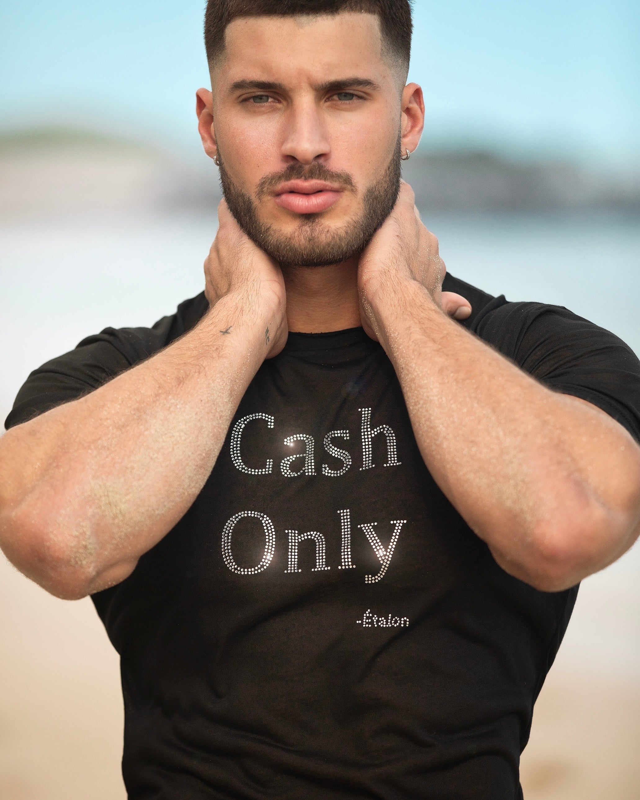 Etalon men's crystal graphic tee — Cash Only design close-up crystal detail
