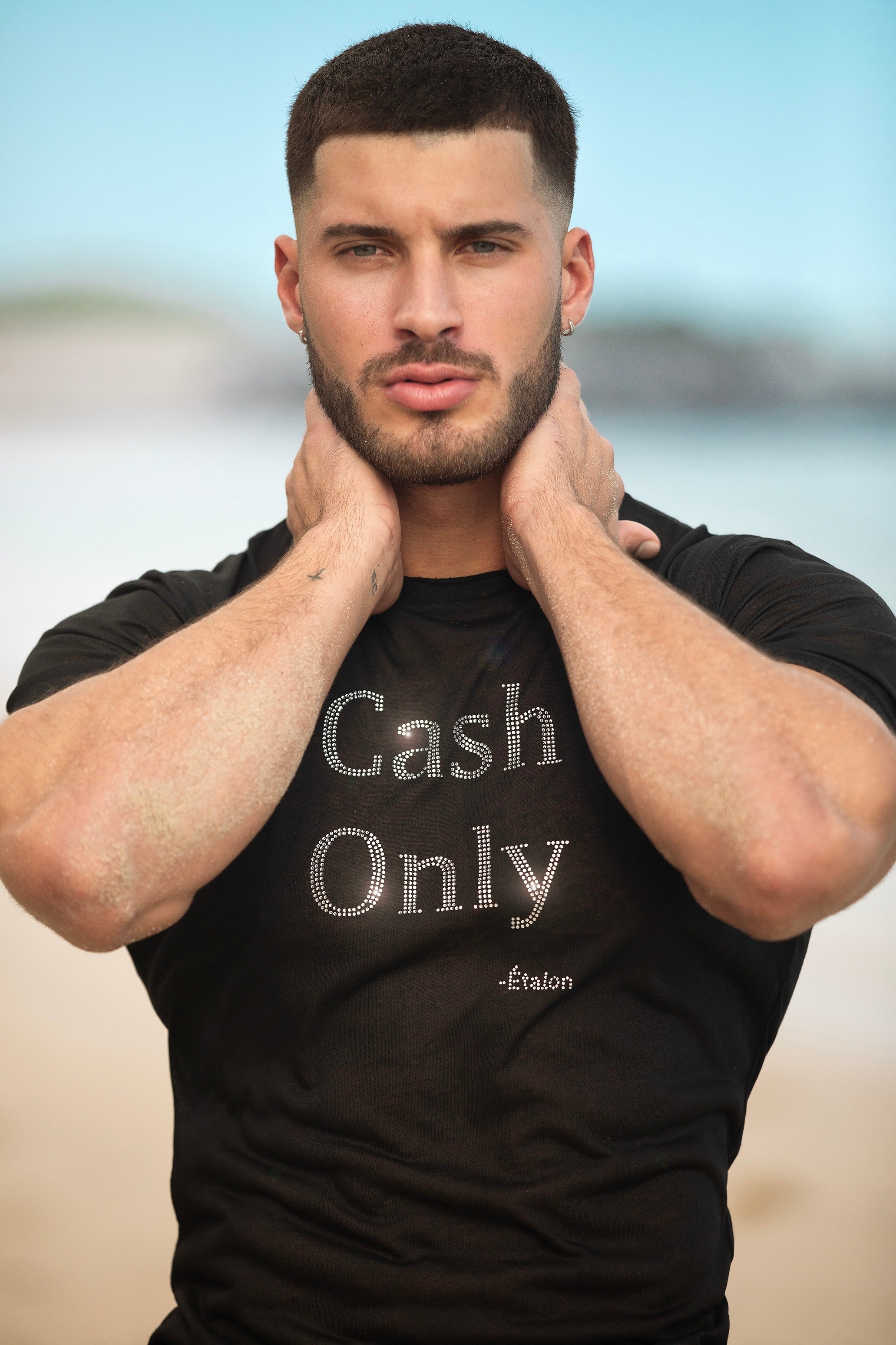 Etalon men's crystal graphic tee — Cash Only design close-up crystal detail