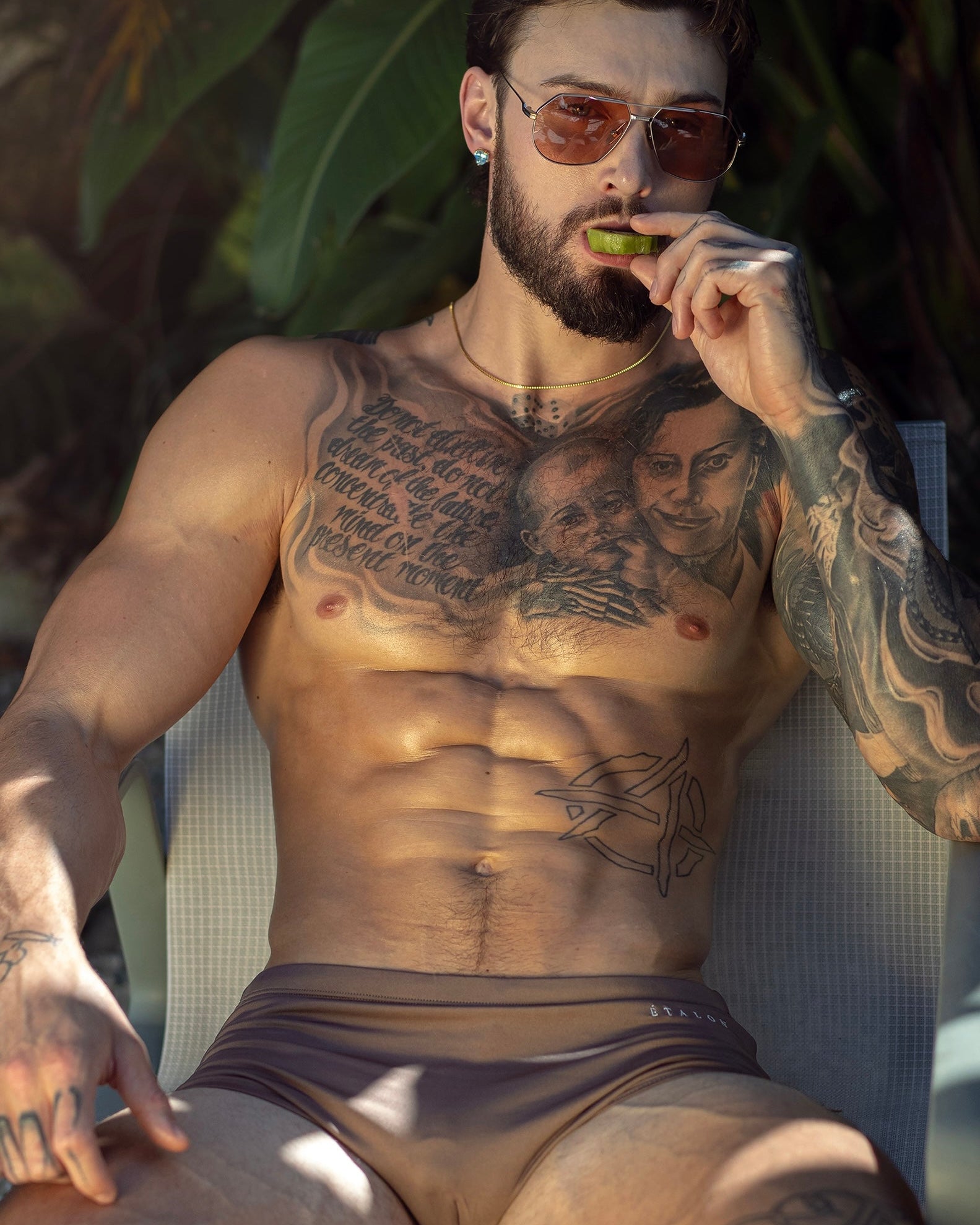Étalon Brown Swim Sunga - men's swim brief worn poolside, full body front