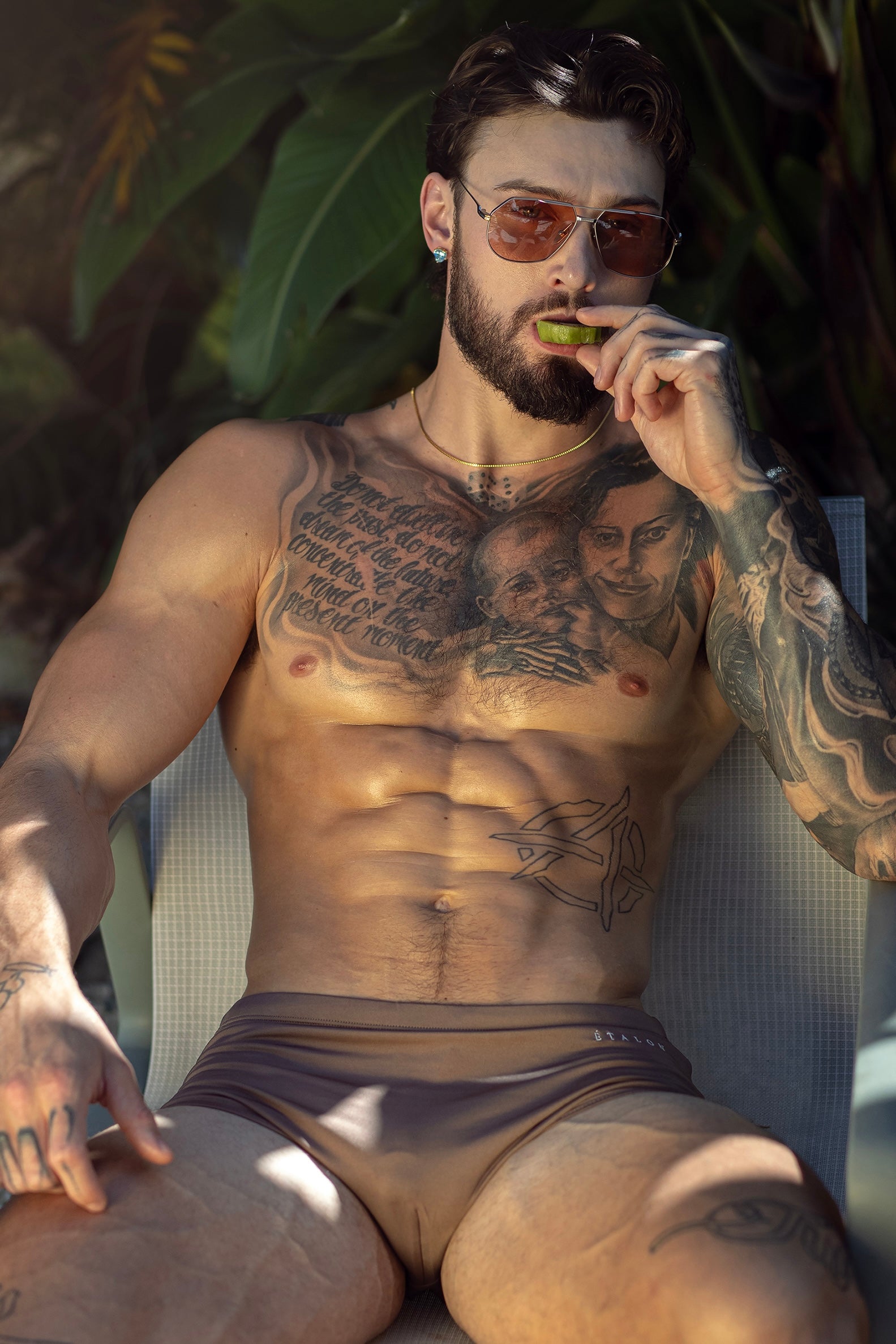 Étalon Brown Swim Sunga - men's swim brief worn poolside, full body front