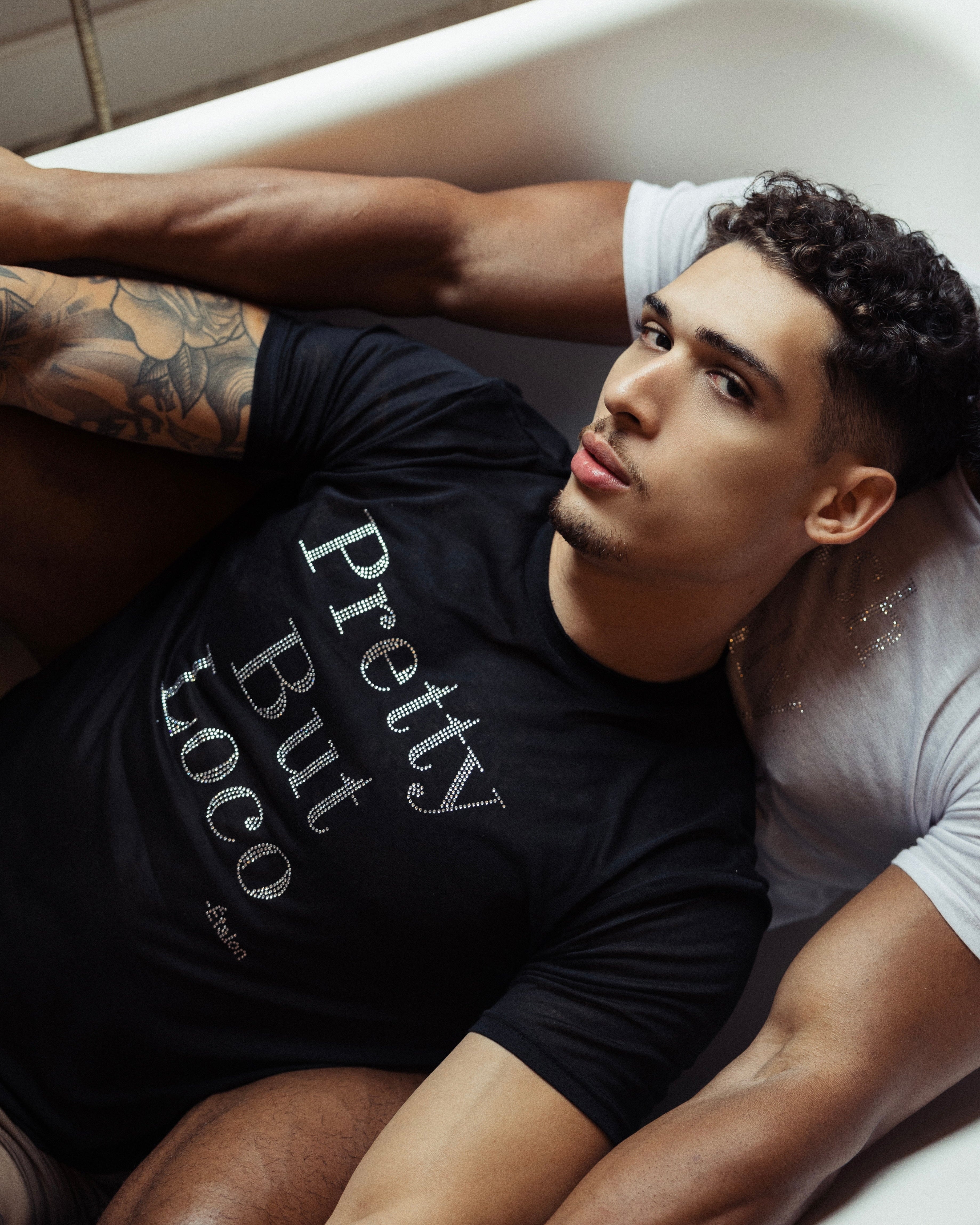 Etalon men's crystal t-shirt — Pretty But Loco design close-up crystal detail