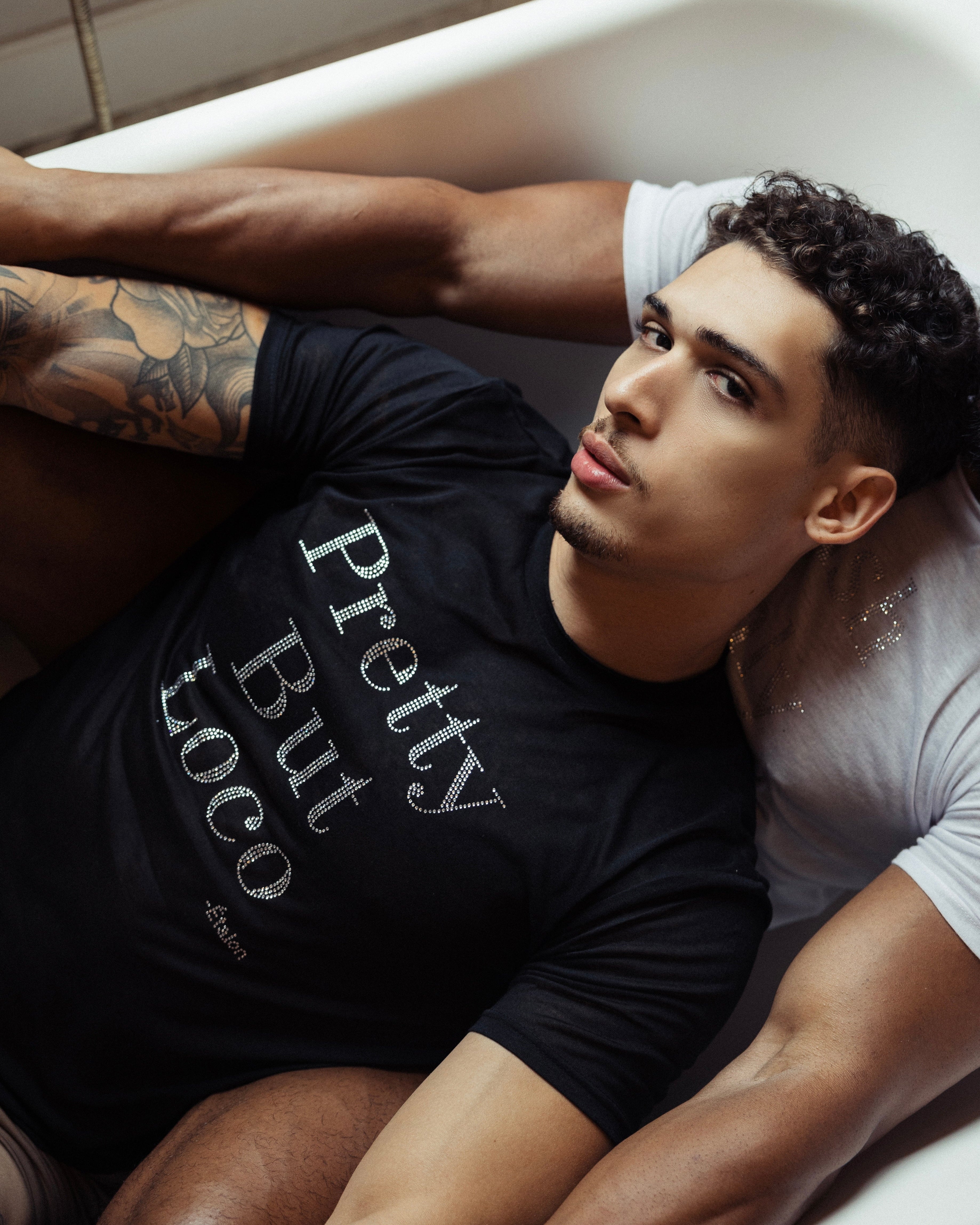 Etalon men's crystal t-shirt — Pretty But Loco design close-up crystal detail