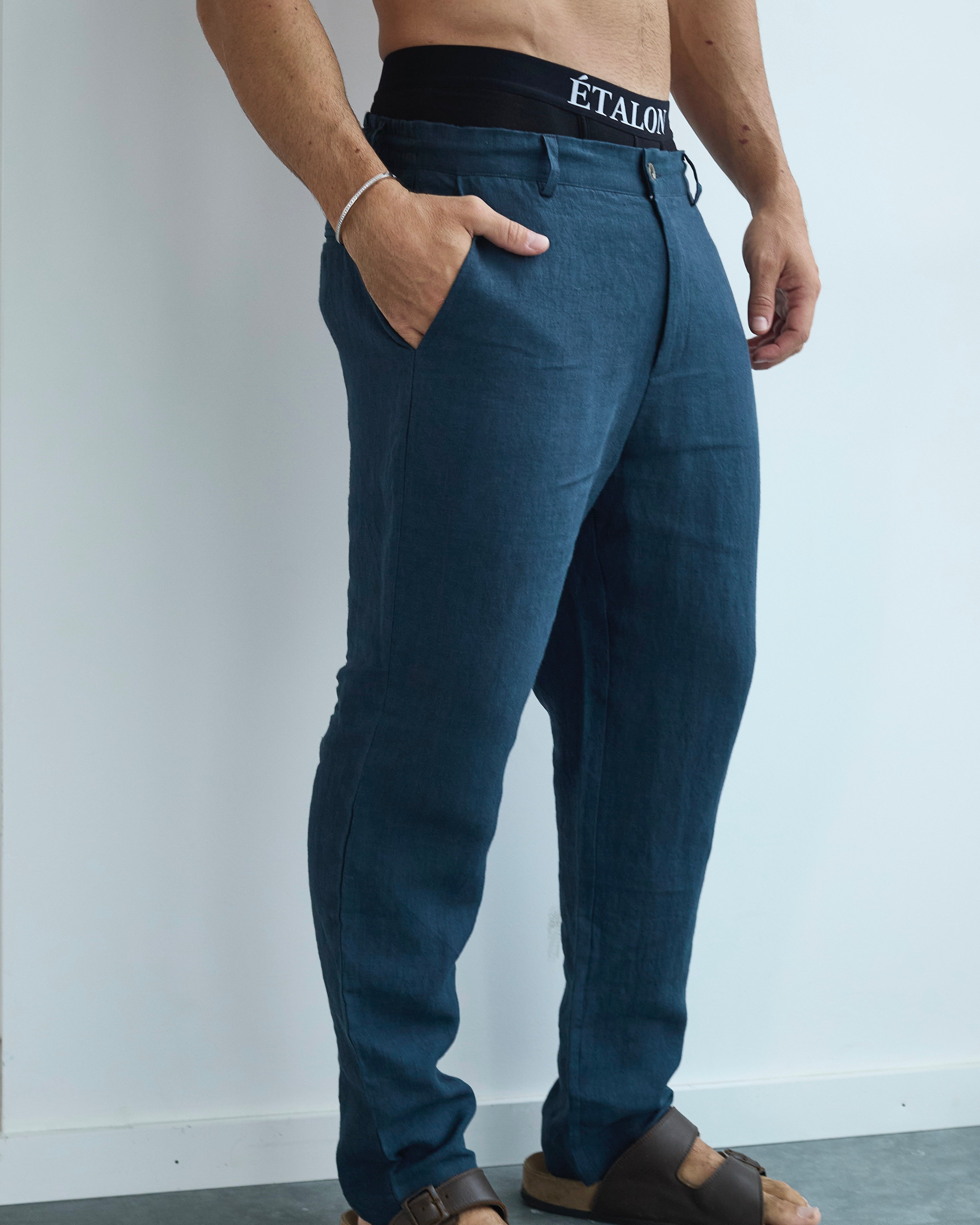 Etalon Perfect Blue Linen Pant - close-up of linen fabric and drawstring