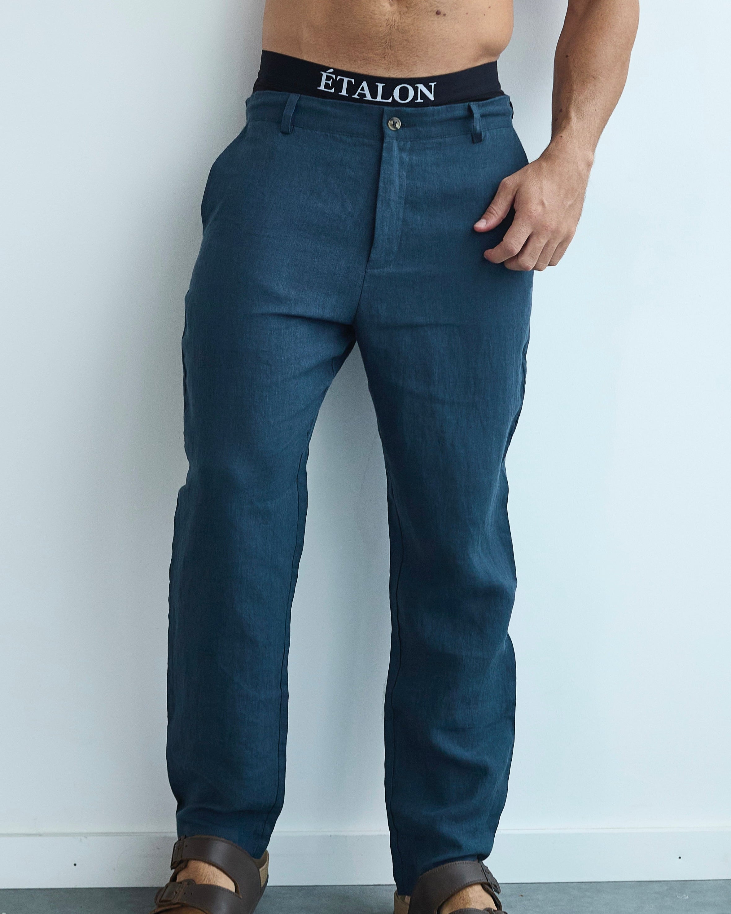 Etalon Perfect Blue Linen Pant - men's blue linen pants with drawstring waist, front view