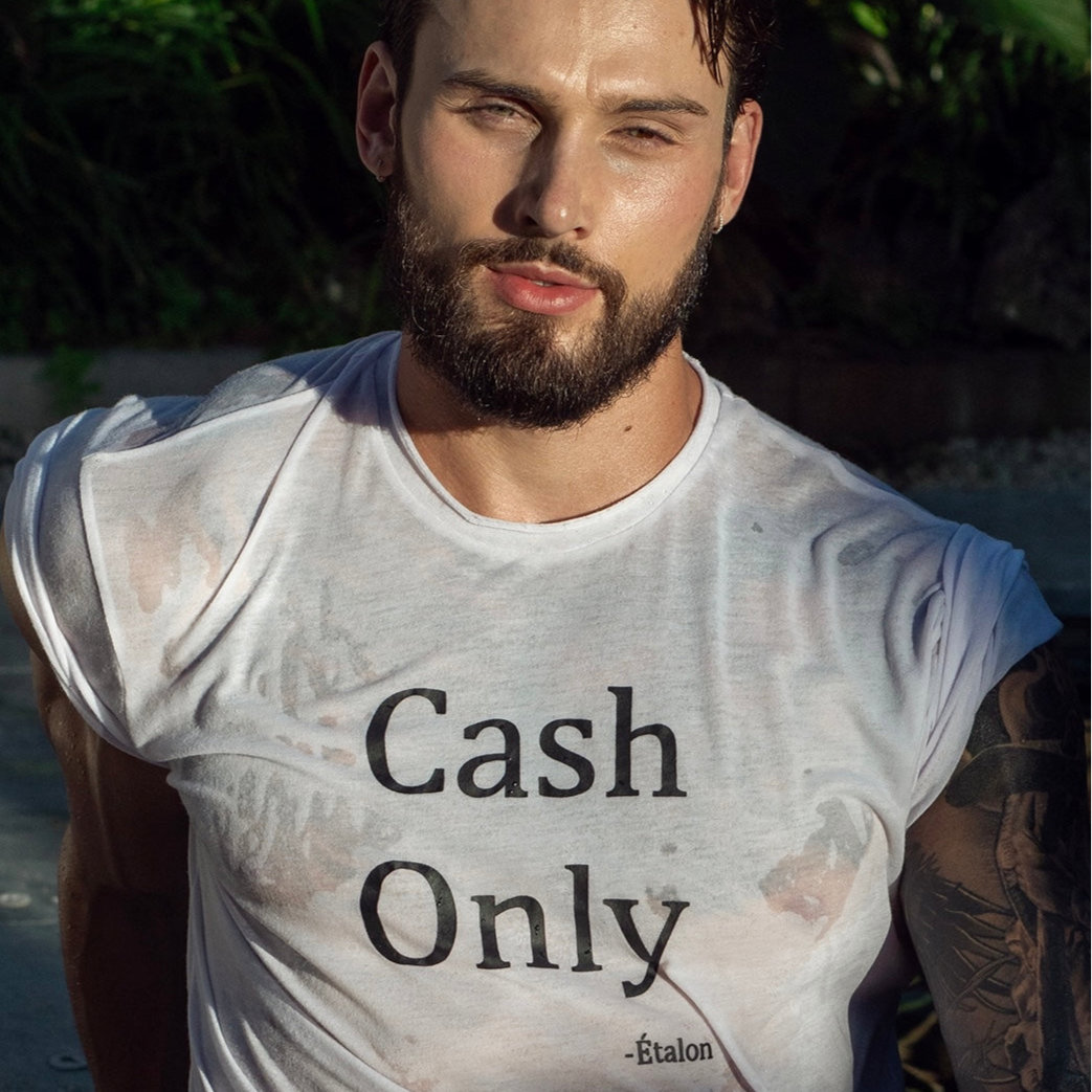 Etalon Cash Only Premium Tee front — bold slogan on body-forming polyester