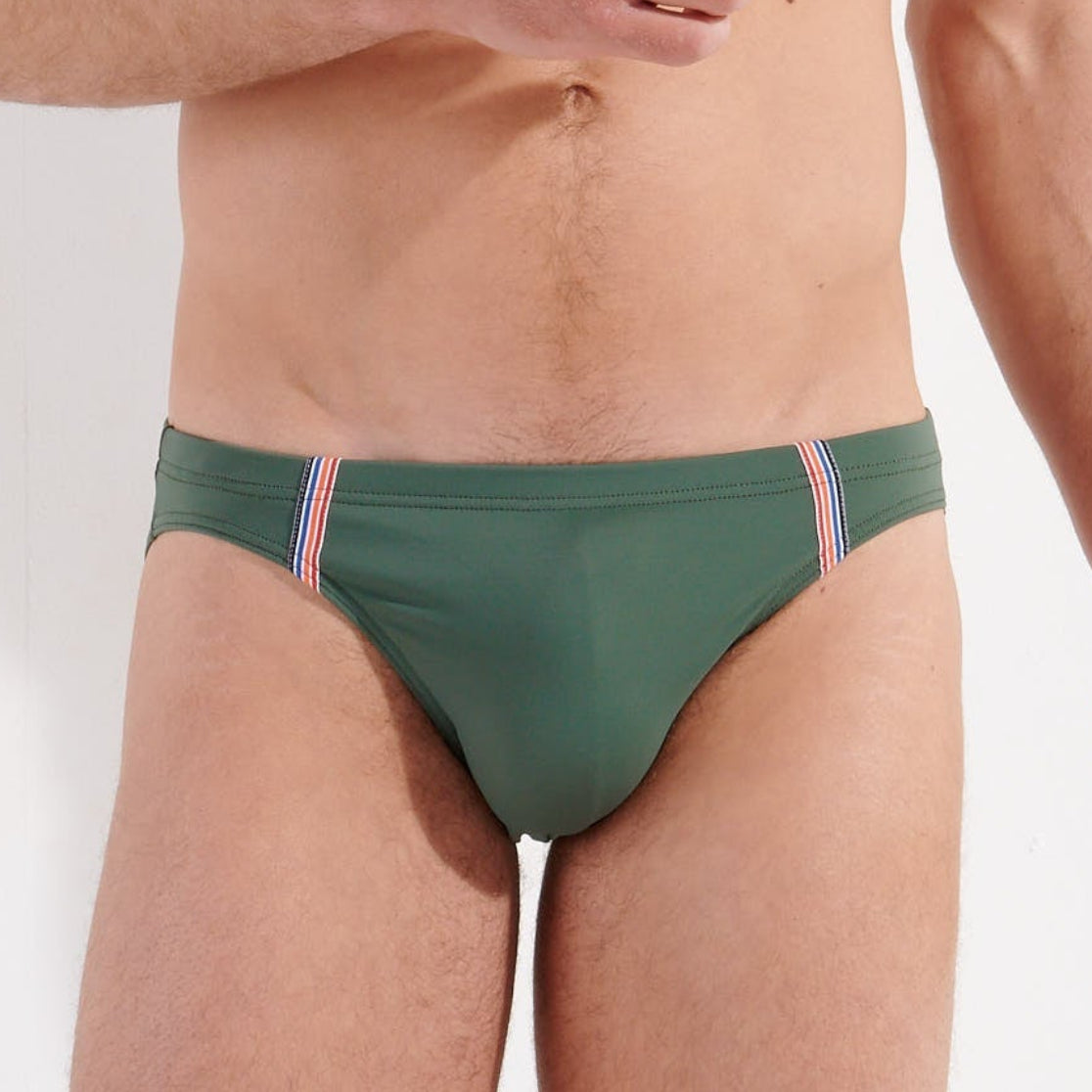 HOM Nautical Cup Swim Micro Brief Khaki Green - men's preppy micro swim brief, front view