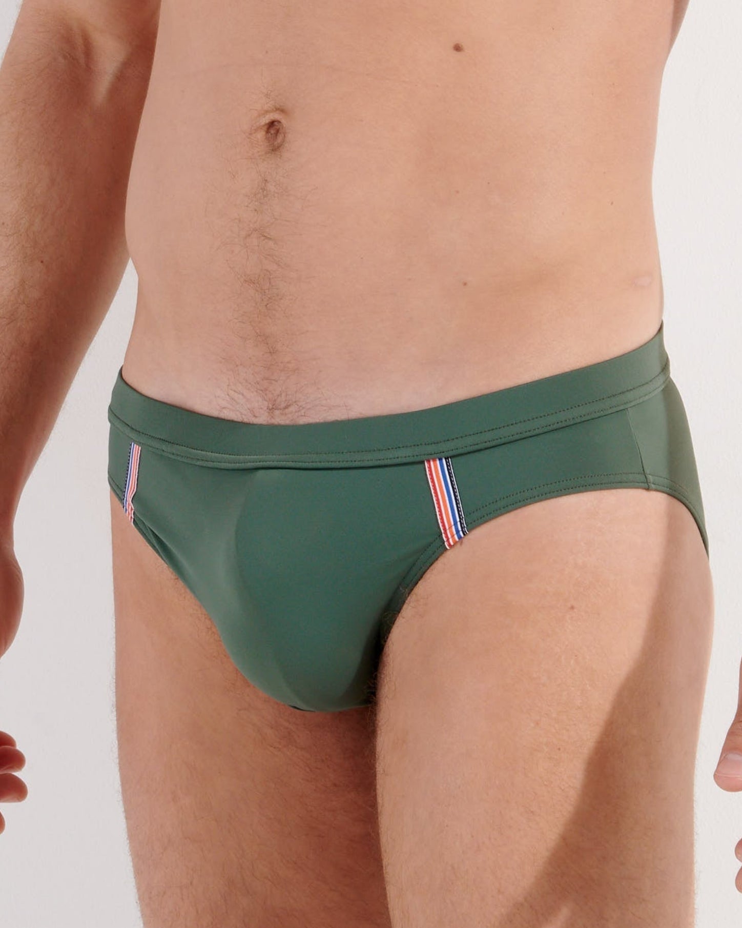 HOM Nautical Cup Swim Mini Brief Khaki Green - men's swim brief with contrast elastic side bands, three-quarter view