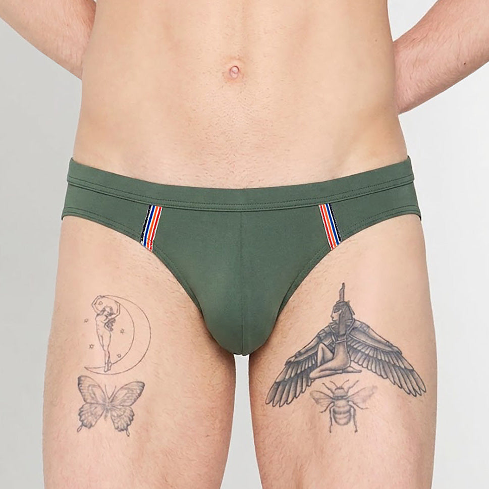 HOM Nautical Cup Swim Mini Brief Khaki Green - men's preppy mini swim brief, front view