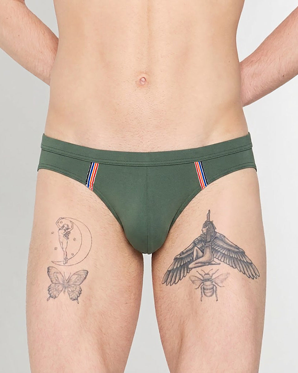 HOM Nautical Cup Swim Mini Brief Khaki Green - men's preppy mini swim brief, front view