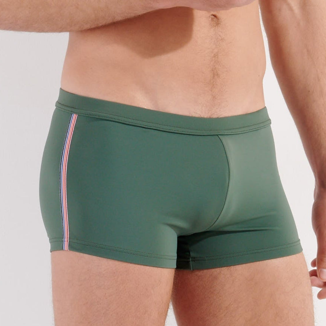 HOM Nautical Cup Swim Trunk Khaki Green - men's preppy swim trunk front view