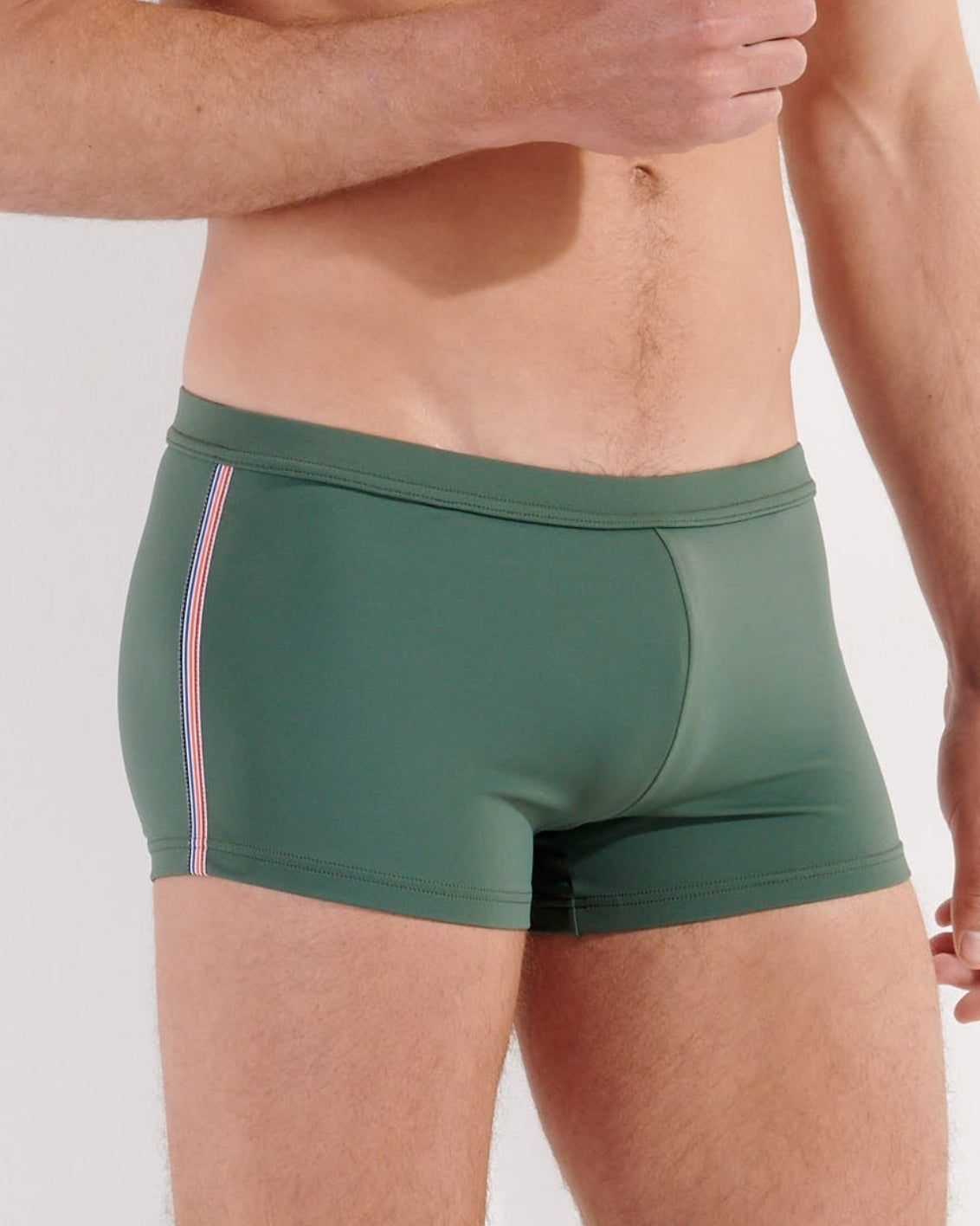HOM Nautical Cup Swim Trunk Khaki Green - men's preppy swim trunk front view