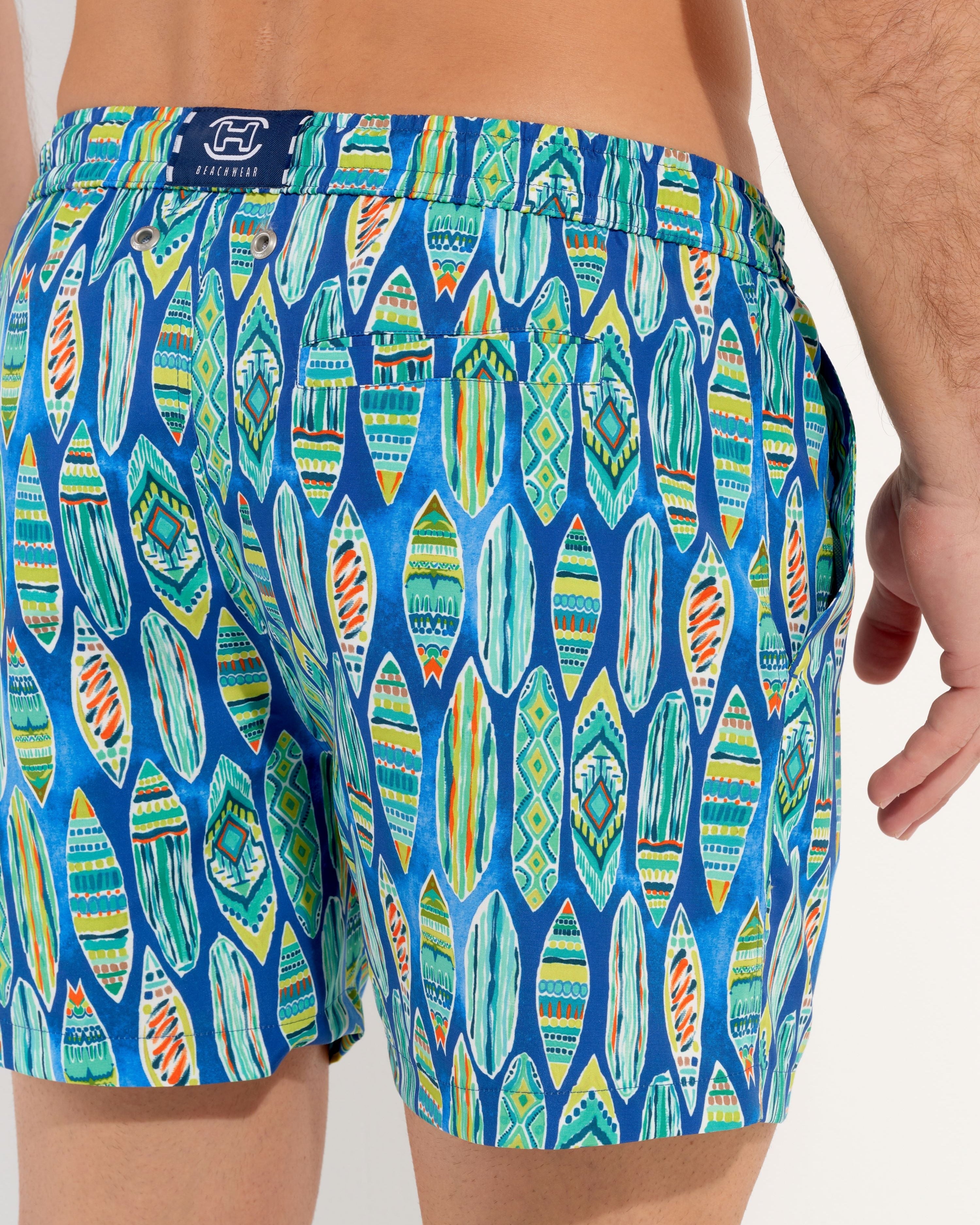 HOM Marbella Beach Boxer Blue Print - men's board shorts detail waistband view