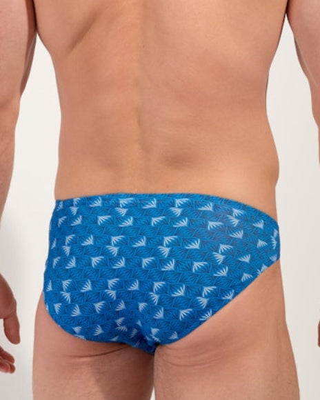 HOM Beach Comber Comfort Micro Brief Blue Print - men's stretch brief with fabric-covered waistband, back view