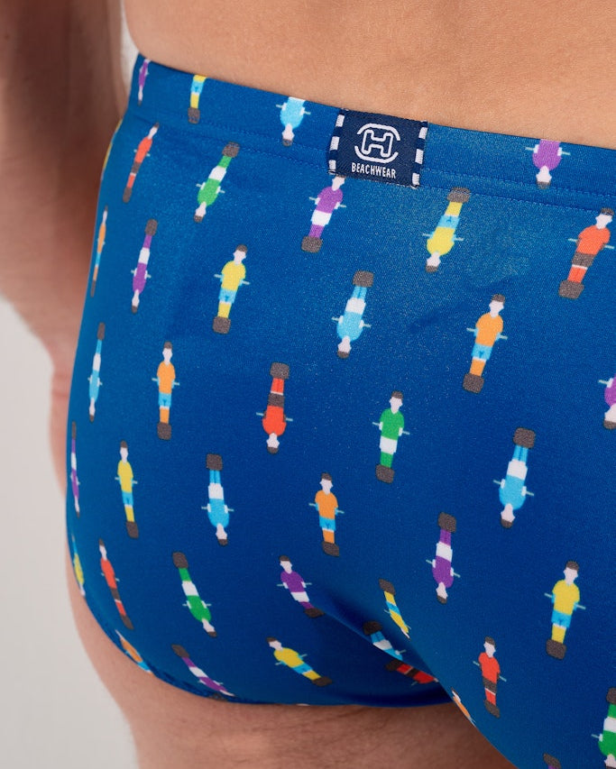 HOM Calcio Swim Micro Brief Navy Print - men's swim brief with calcio player print detail, close-up
