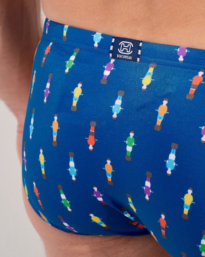 HOM Calcio Swim Micro Brief Navy Print - men's swim brief with calcio player print detail, close-up