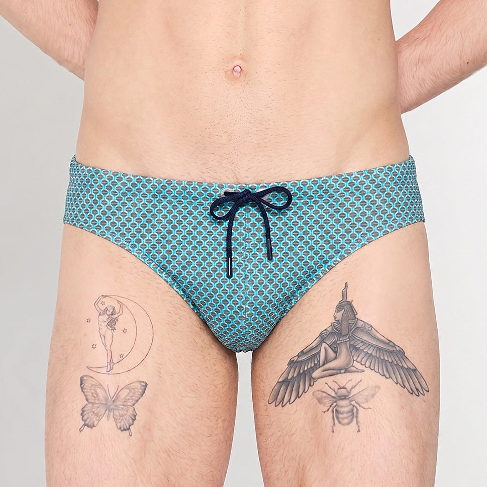 HOM Cappuccino Swim Mini Brief Blue Print - men's Italian-inspired mini swim brief, front view