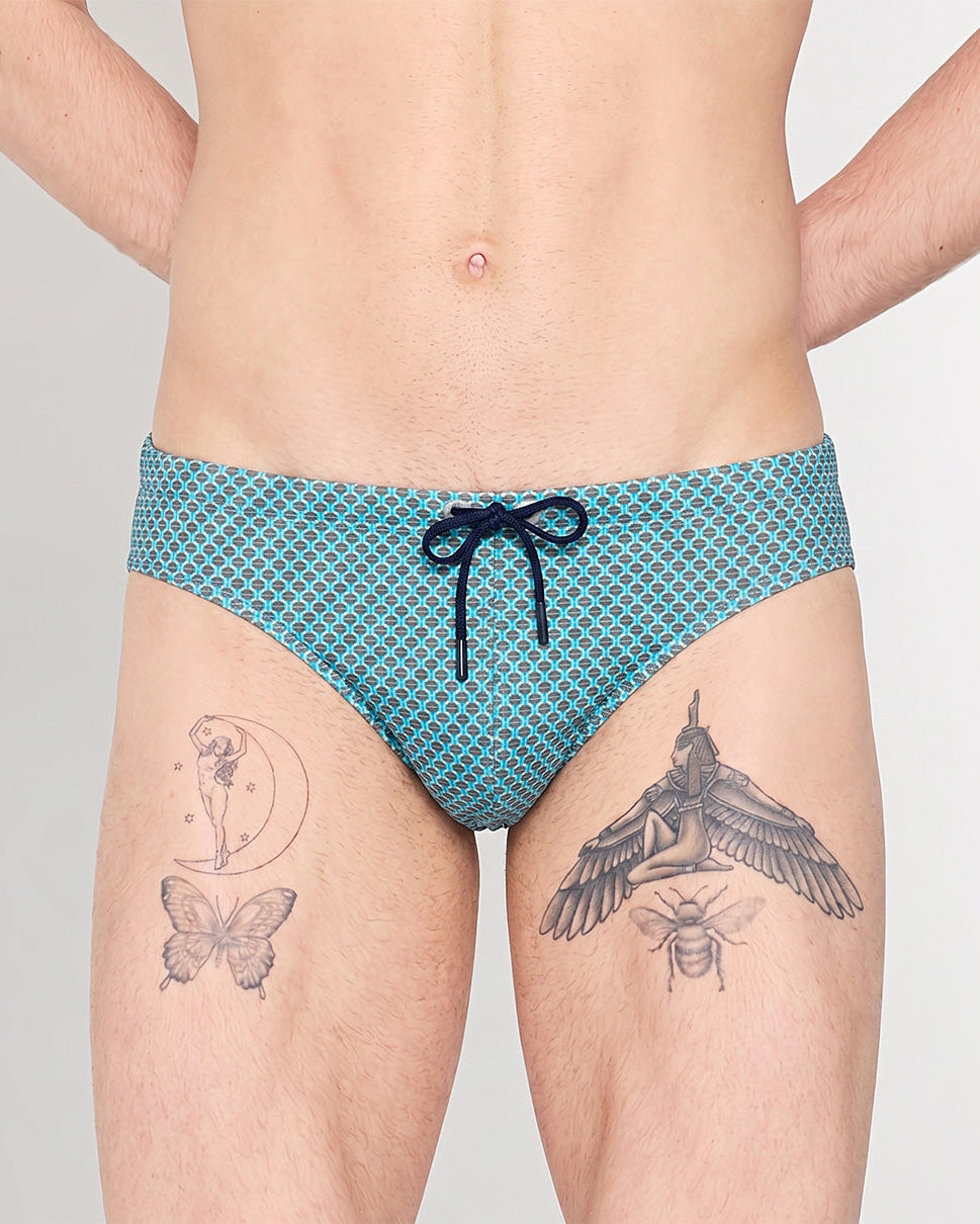 HOM Cappuccino Swim Mini Brief Blue Print - men's Italian-inspired mini swim brief, front view