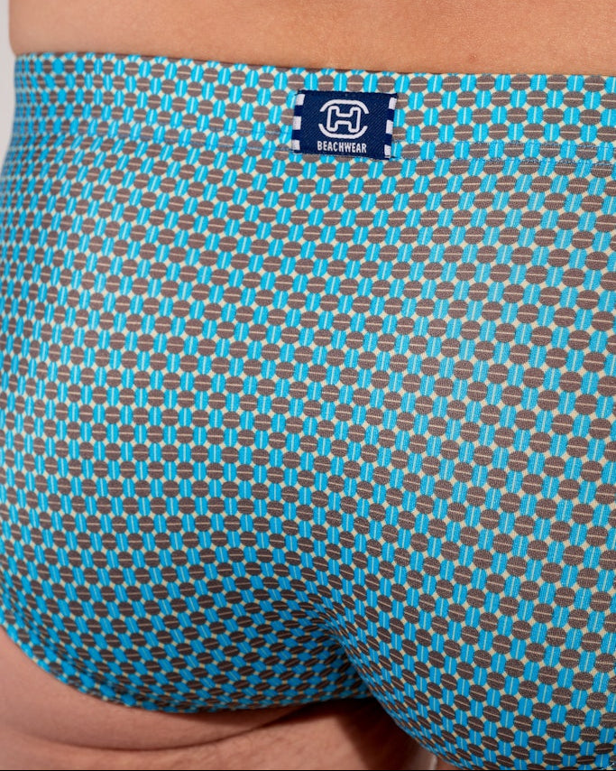 HOM Cappuccino Swim Mini Brief Blue Print - men's swim brief showing elegant blue print detail, three-quarter view