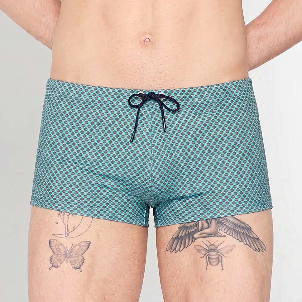 HOM Cappuccino Swim Short Blue Print - men's designer swim trunk front view