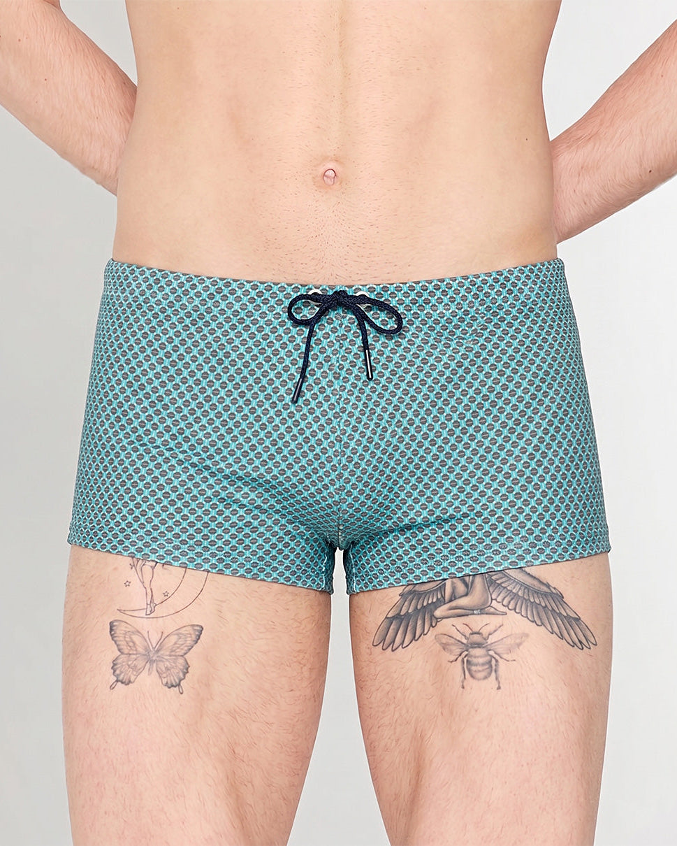 HOM Cappuccino Swim Short Blue Print - men's designer swim trunk front view
