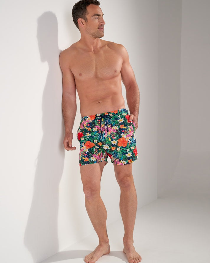 HOM Peacock Beach Boxer Multico Print - men's board shorts lifestyle beach view