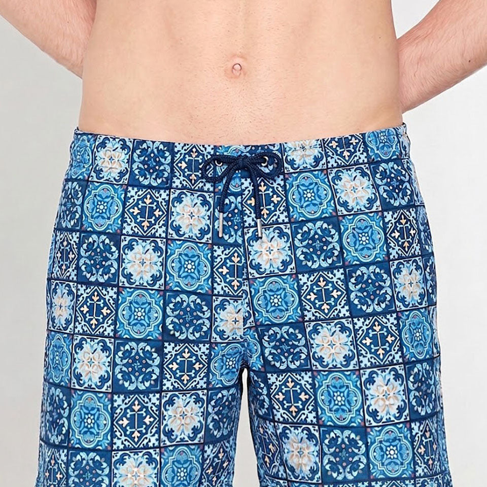 HOM Maiolica Beach Boxer Blue Print - men's board shorts front view