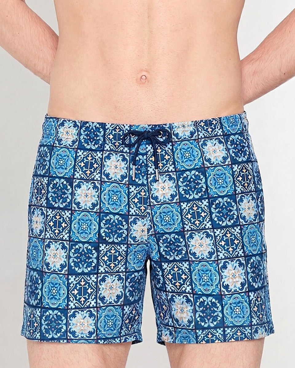 HOM Maiolica Beach Boxer Blue Print - men's board shorts front view