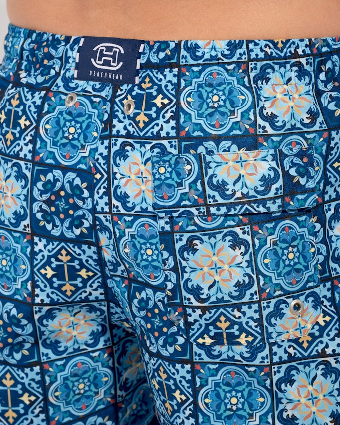 HOM Maiolica Beach Boxer Blue Print - men's board shorts detail pocket view