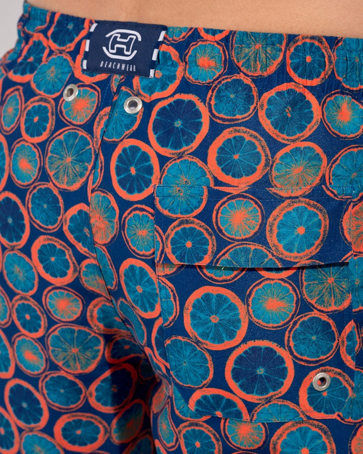 HOM Trapani Beach Boxer Navy Print - men's board shorts back view