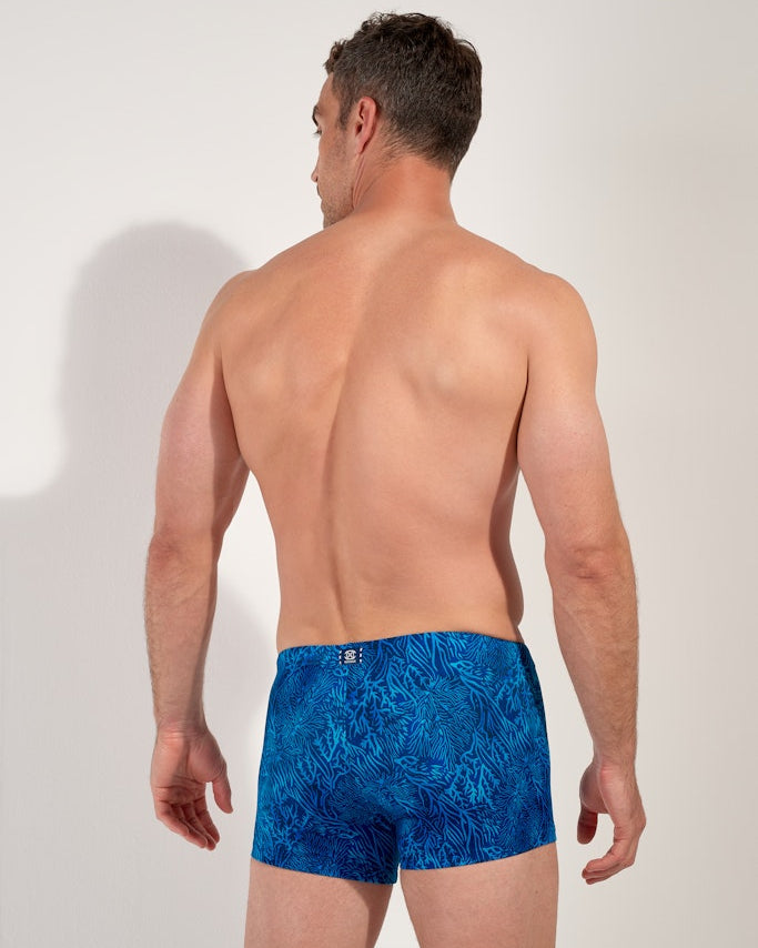HOM Panarea Swim Short Blue Print - men's swim trunk lifestyle beach view