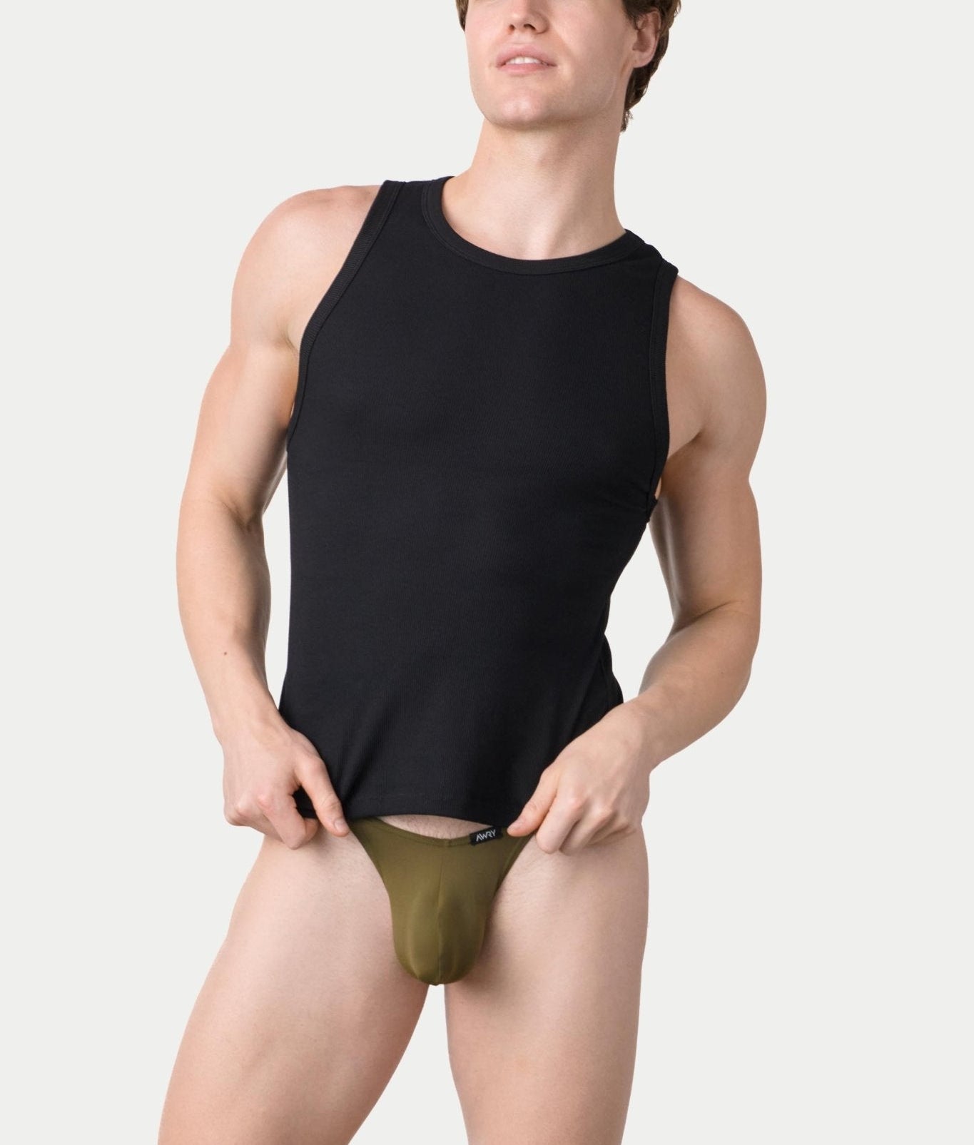 Awry Ribbed Tank Black — men's cropped ribbed tank top, front view