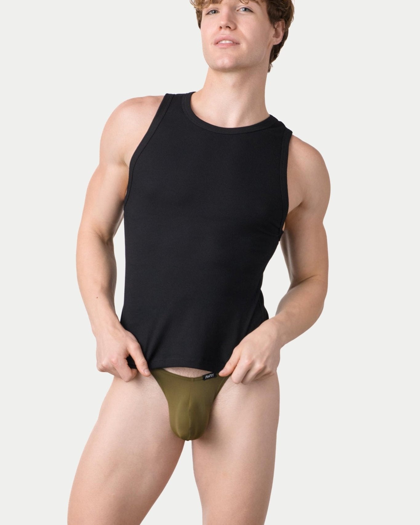 Awry Ribbed Tank Black — men's cropped ribbed tank top, front view