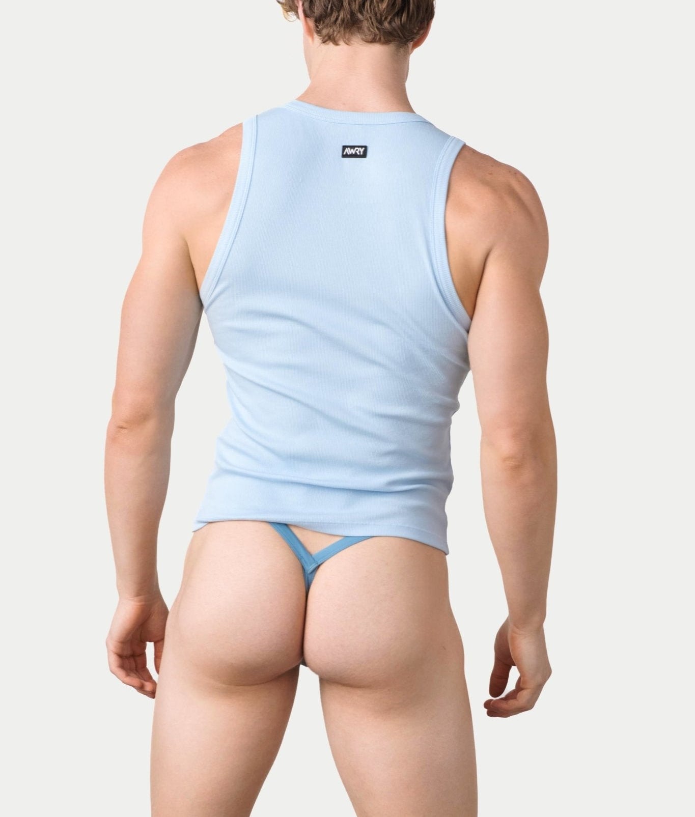 Awry Ribbed Tank Sky Blue — men's fitted ribbed tank top, back view