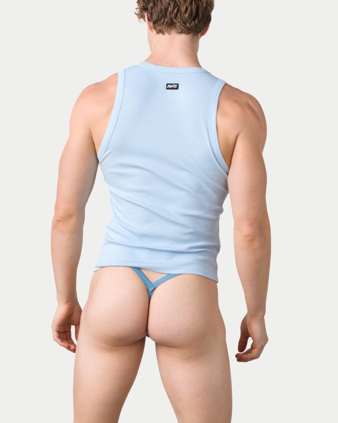 Awry Ribbed Tank Sky Blue — men's fitted ribbed tank top, back view
