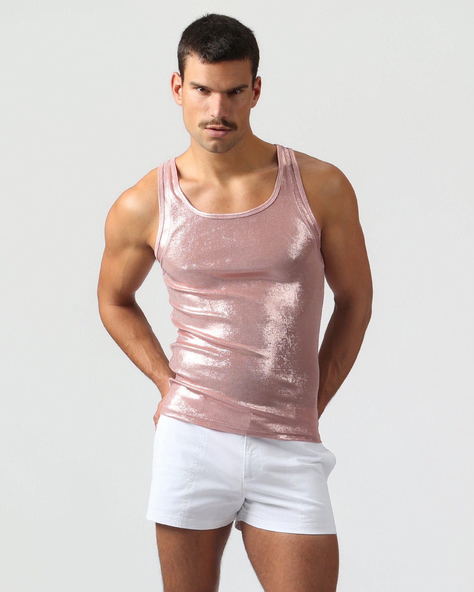 Parke & Ronen Rose Gold Spettacolo Tank Rose Gold — men's metallic tank on model, front view