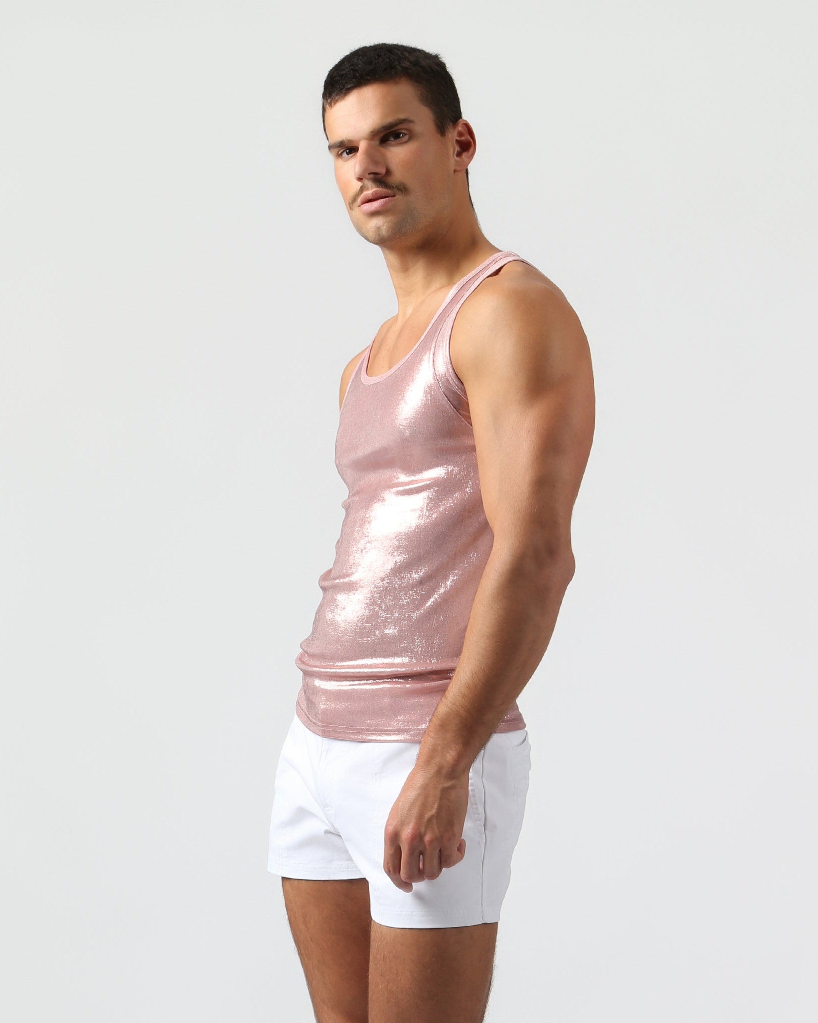 Parke & Ronen Rose Gold Spettacolo Tank Rose Gold — men's Spettacolo tank on model, side view