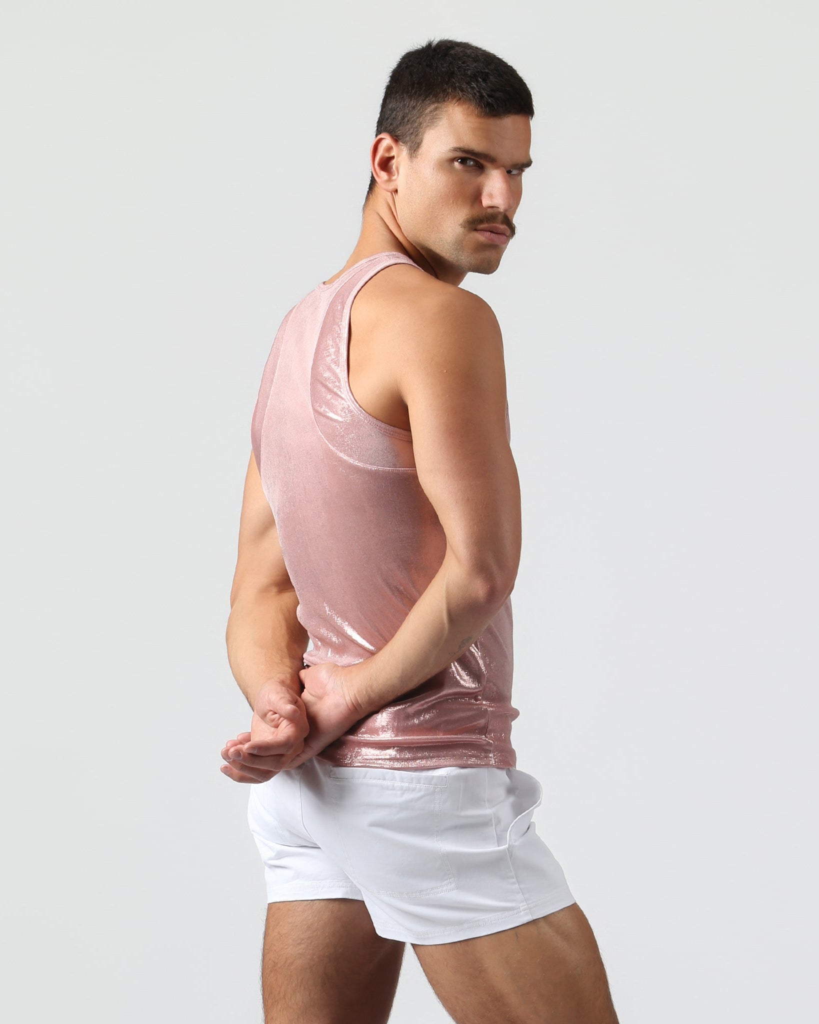 Parke & Ronen Rose Gold Spettacolo Tank Rose Gold — close-up of metallic shimmer fabric
