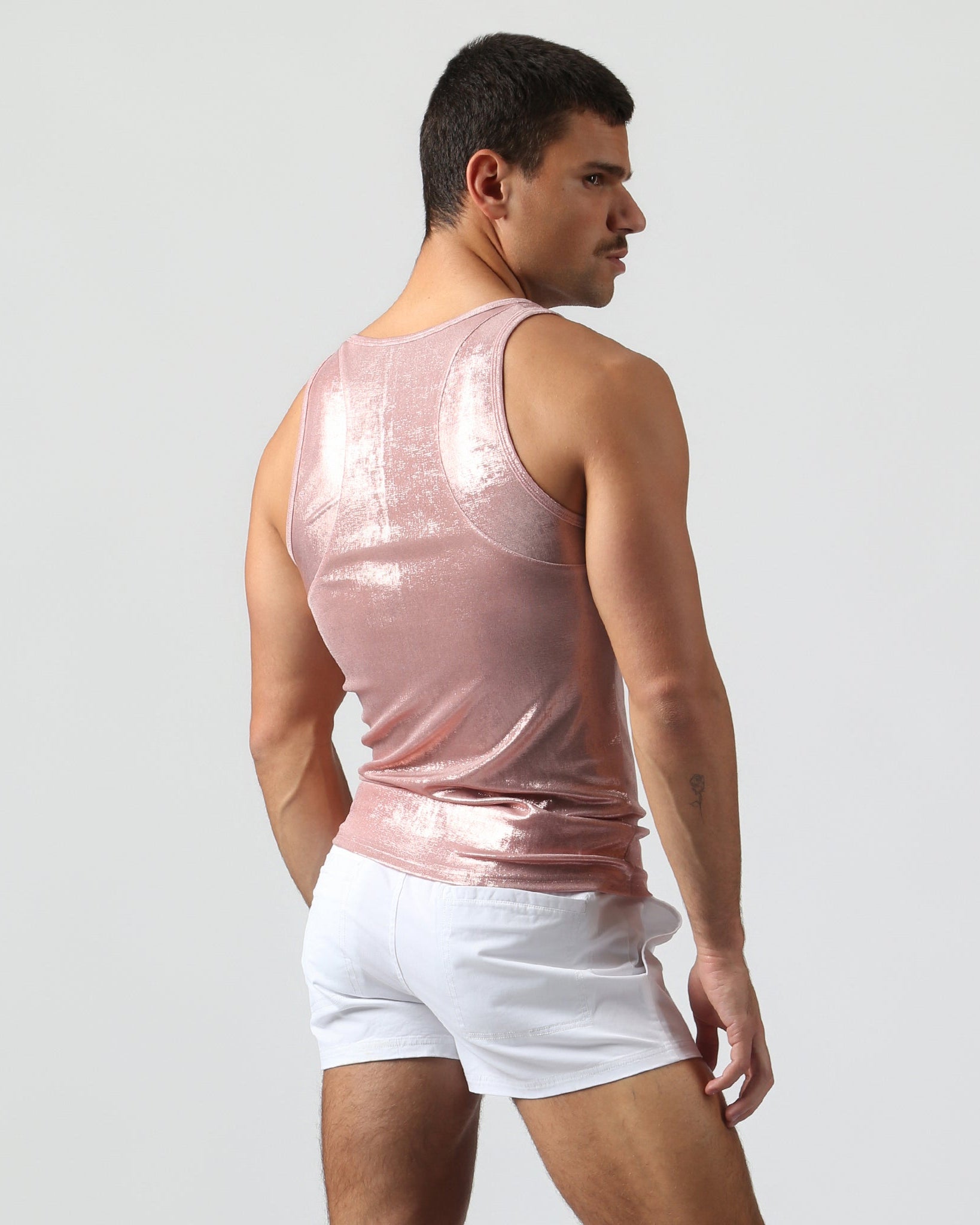 Parke & Ronen Rose Gold Spettacolo Tank Rose Gold — men's metallic tank on model, back view