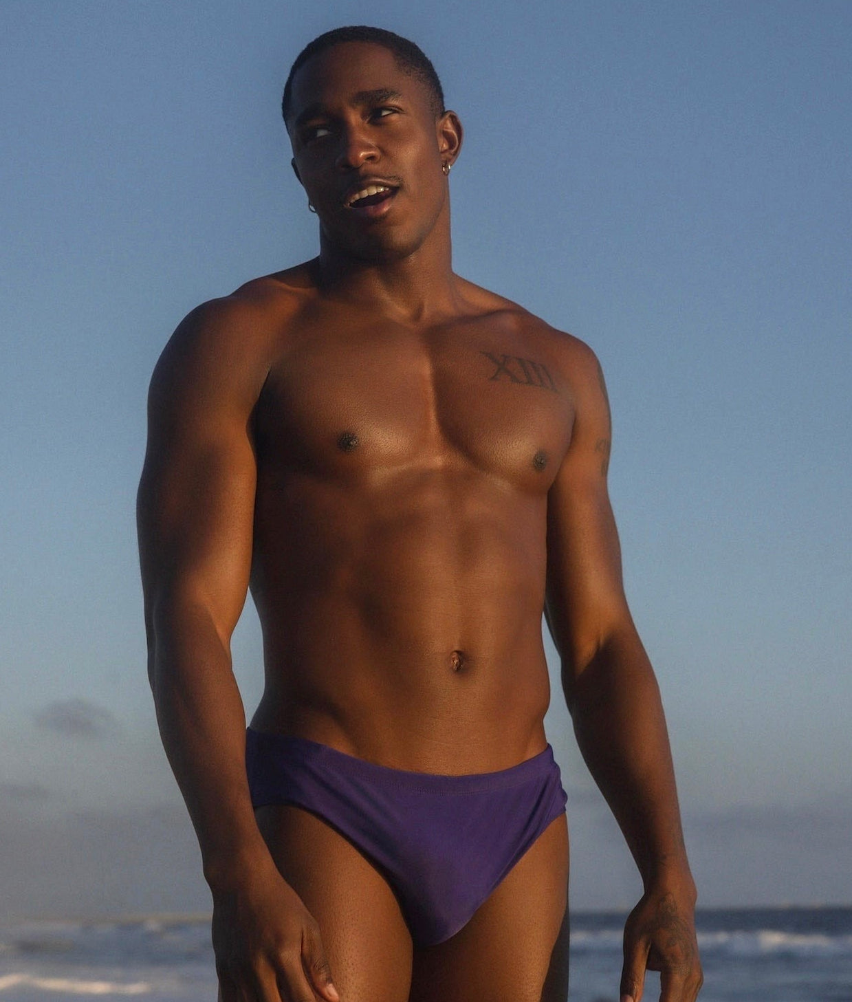 Sean & Val Classic Brief Indigo — men's swim brief, model front view