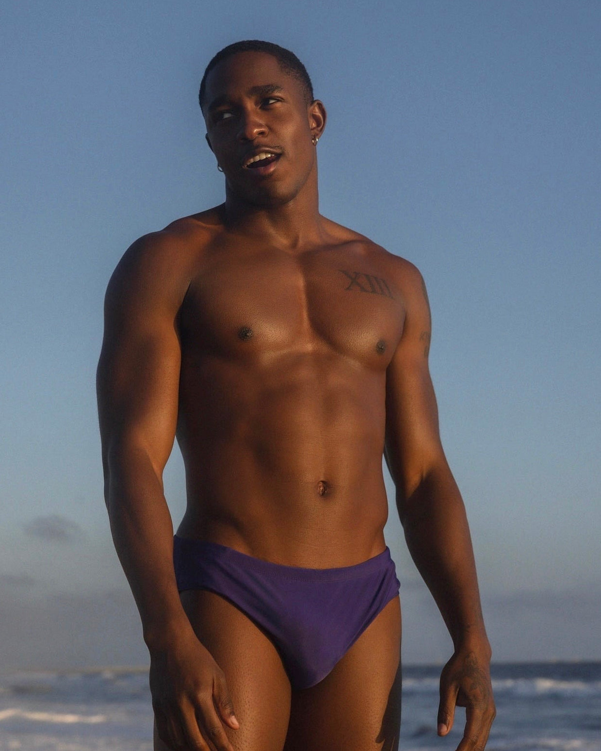 Sean & Val Classic Brief Indigo — men's swim brief, model front view