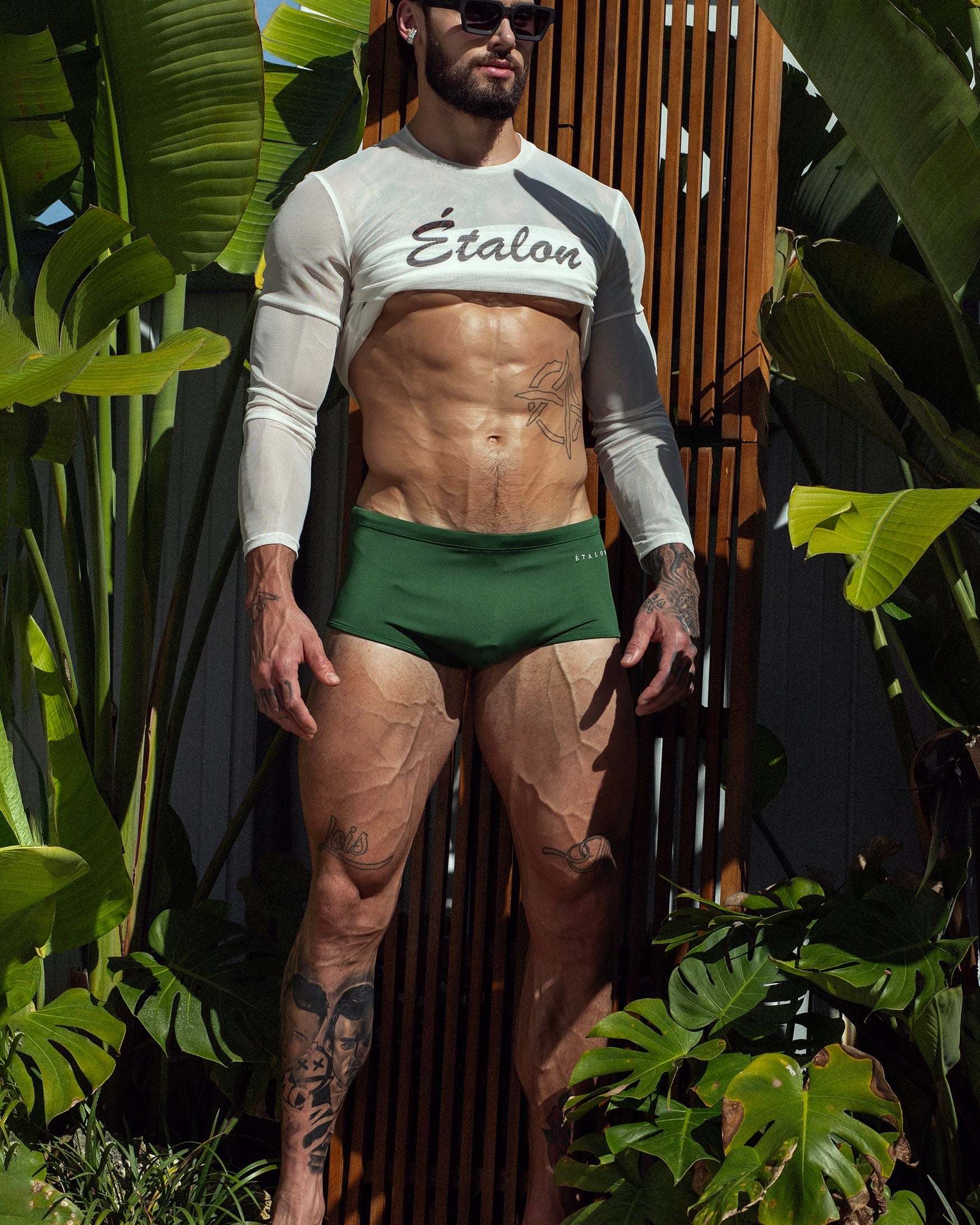 Étalon Olive Swim Sunga - men's swimwear stretch-blend fabric close-up