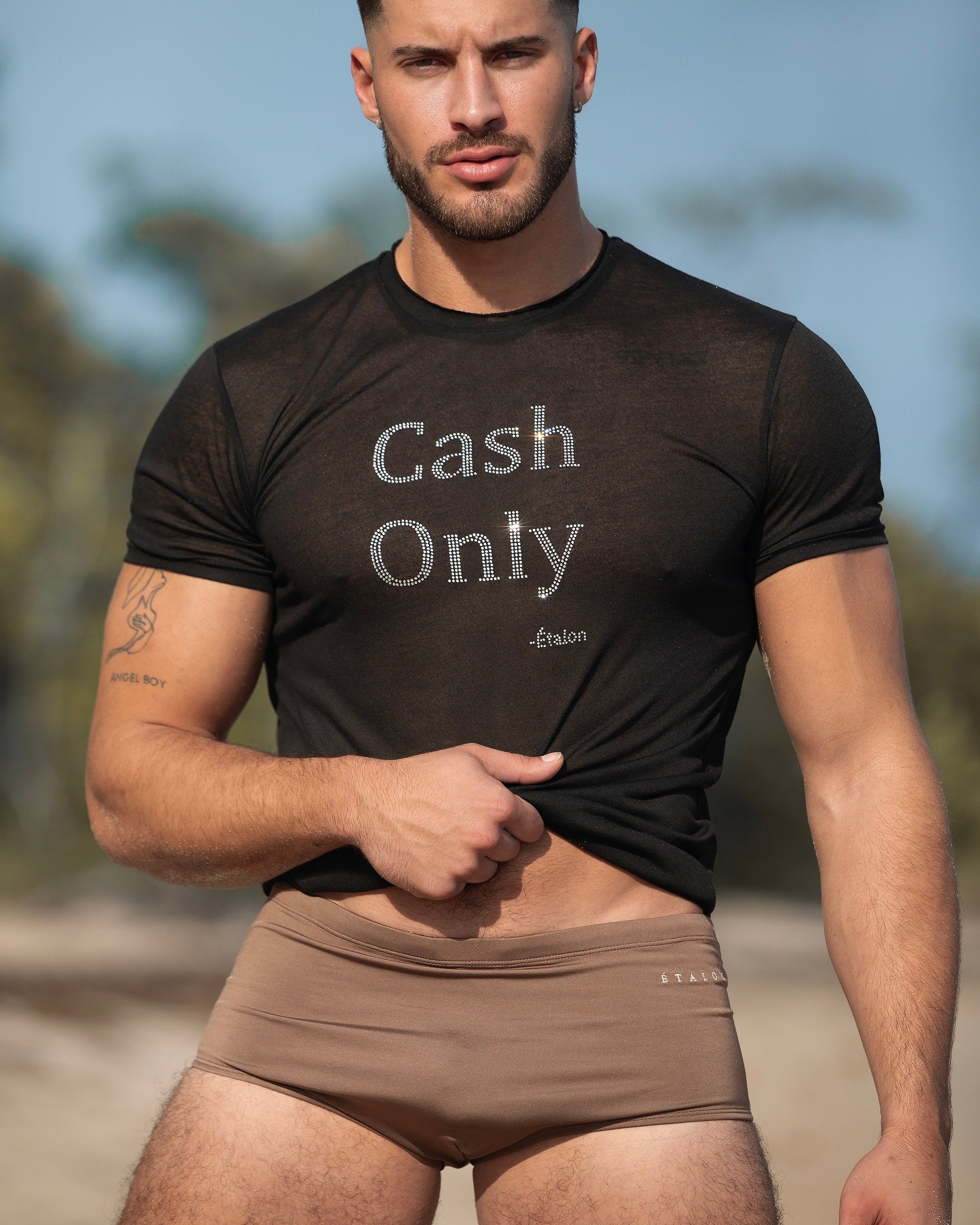 Etalon Crystal Cash Only Tee raw crew neck detail — body-forming fit